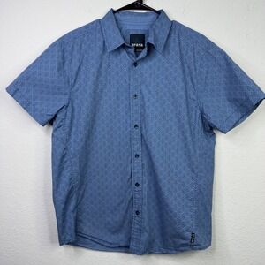 Prana‎ Shirt Mens M Blue Organic Geometric Short Sleeve Button Outdoors Hiking